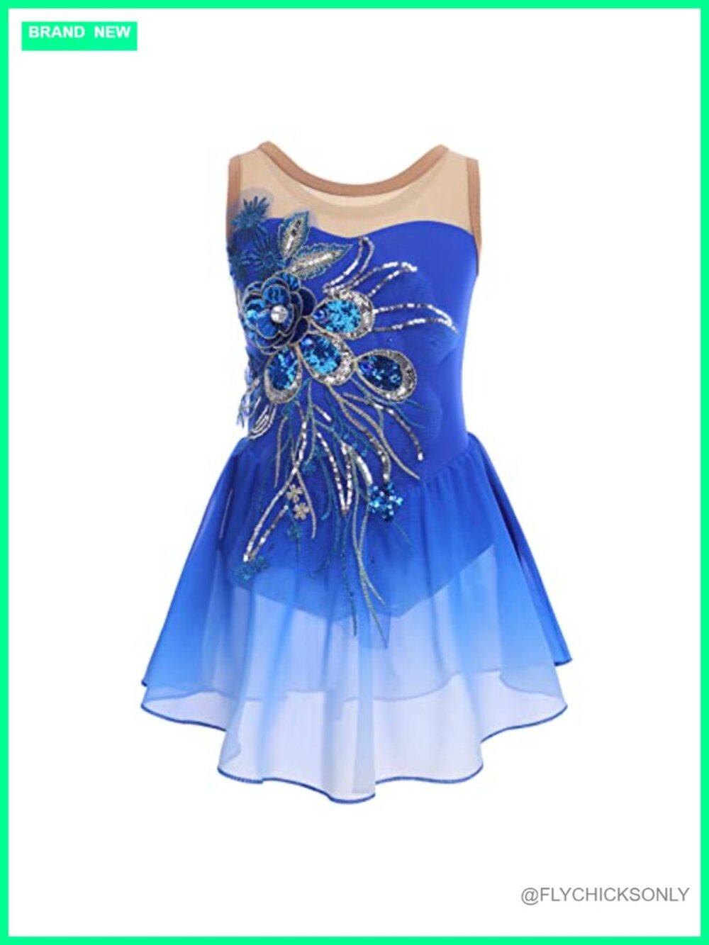 Girls Ice Skating Dress Sparkly Sequins Sheer Mesh Chiffon Dance Leotard